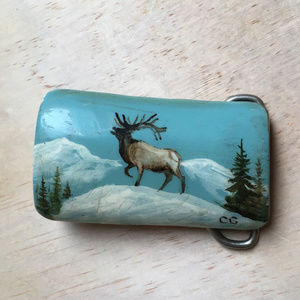 Handpainted Elk Horn Belt Buckle Colorado Vintage